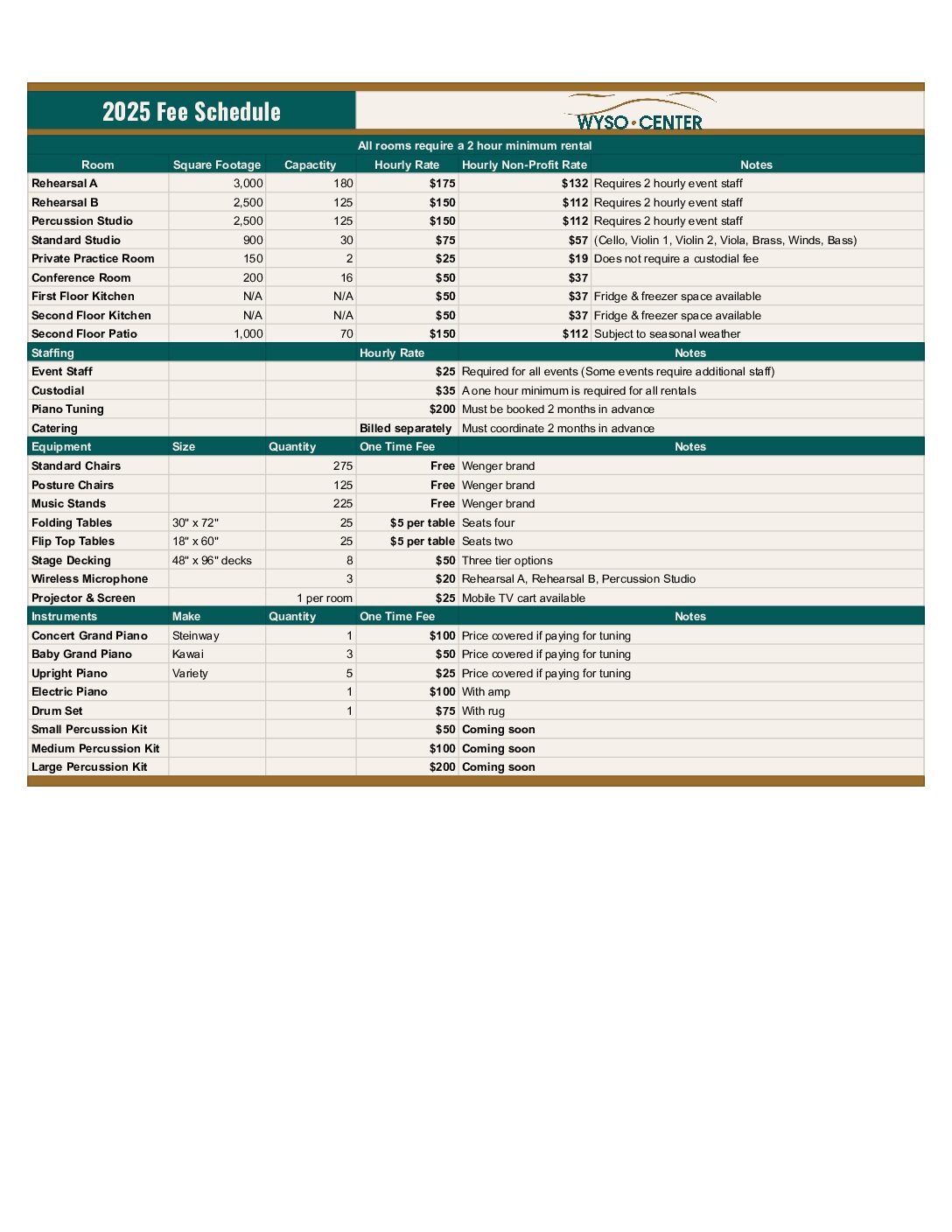 WYSO Center Event Fee Schedule 25-26 - July Update