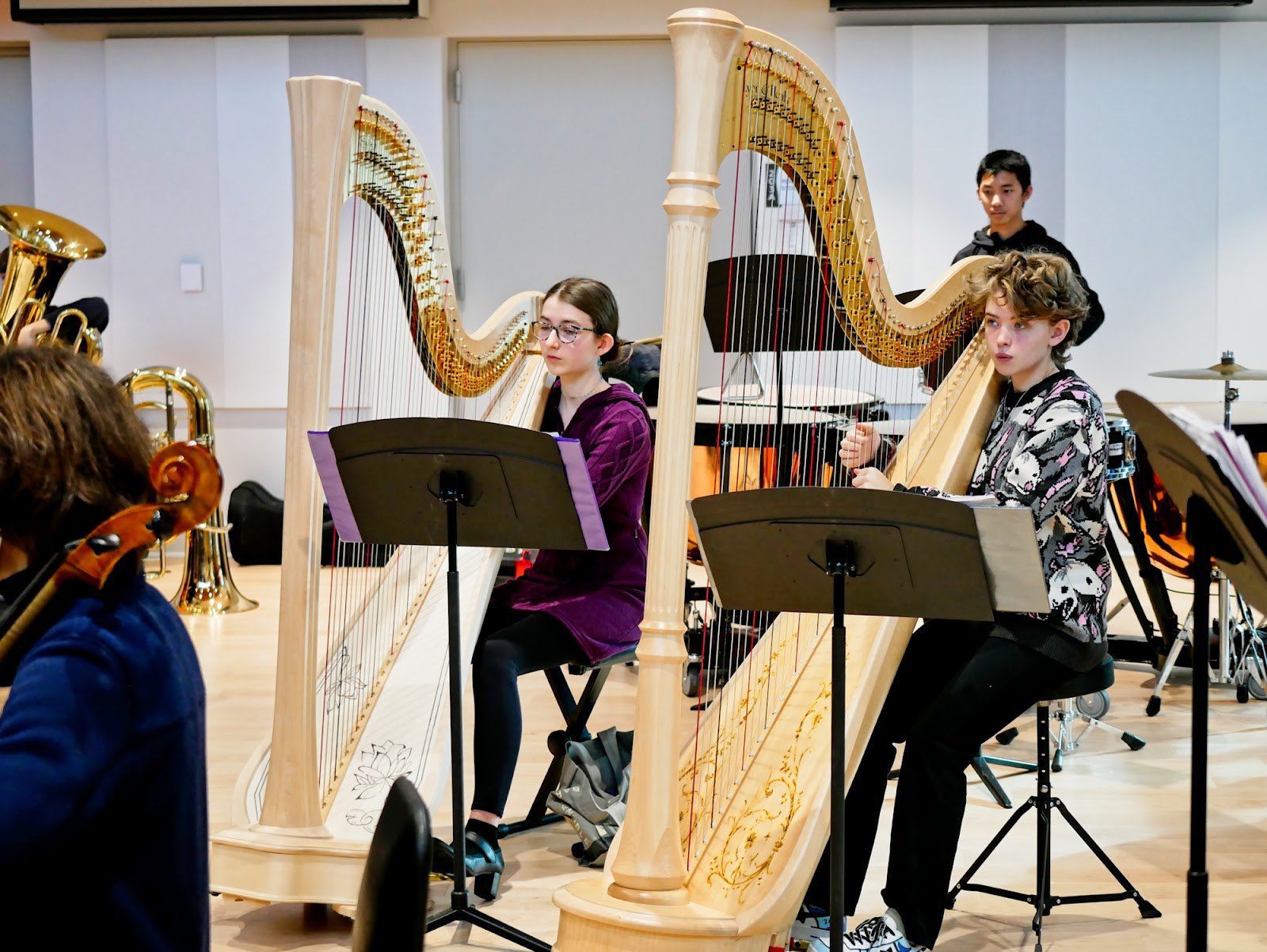 WYSO Philharmonia harpists rehearsing at the WYSO Center for Music